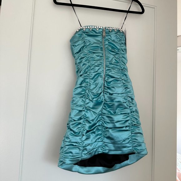 NWT Area Strapless Mini Dress Sz 2 Turquoise Crystal-Embellished Ruched Bodice - Picture 10 of 13